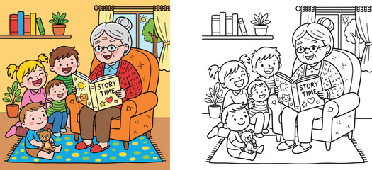 Grandmother reading story book to kids with coloring page. Cozy story time with grandma and children vector illustration for kids coloring book.