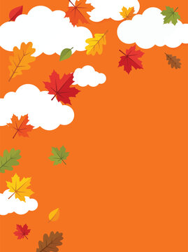 Festive autumnal halloween background vector illustration featuring falling colorful leaves and fluffy white clouds on orange backdrop