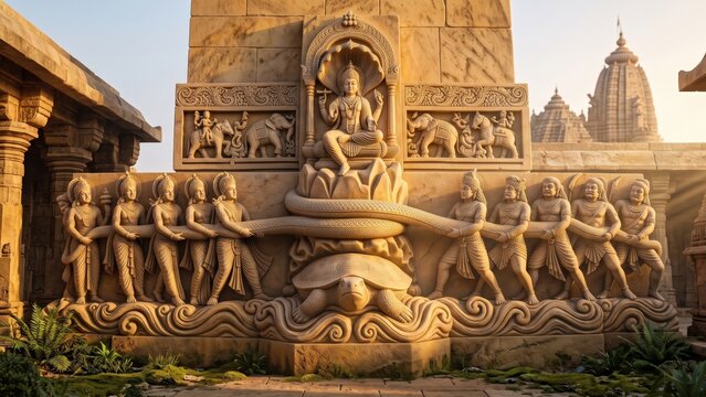 Historic Indian Temple Relief Inspired by Samudra Manthan