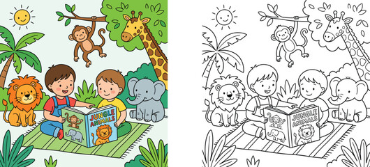 Cute boys reading jungle animals book with lion elephant giraffe monkey color illustration and black and white outline coloring page vector design for kids preschool activity