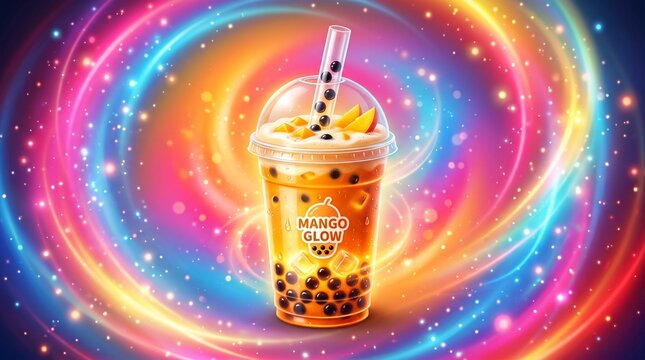 Colorful bubble tea with glowing liquid and straw. Refreshing beverage in vibrant setting.