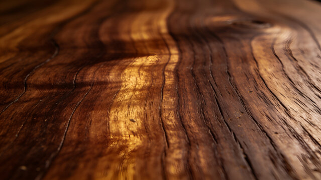 Close up of rich brown wood grain texture with warm lighting.