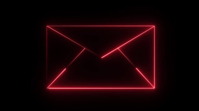 Red neon glow envelope icon animation loop with bright luminous light strokes forming mail symbol against dark background for digital message concept.
