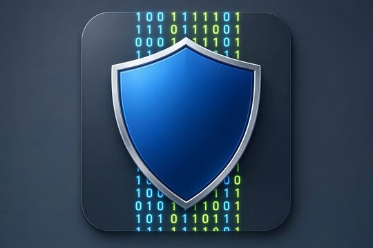 Digital Shield of Protection: A gleaming blue shield represents digital security, overlaid on a background of binary code, symbolizing data protection and cybersecurity.