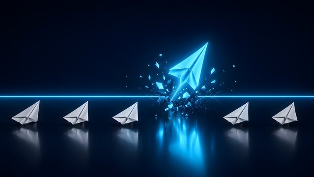 Glowing blue paper airplane breaking through a neon barrier, representing digital business breakthrough, innovation, and escaping limits