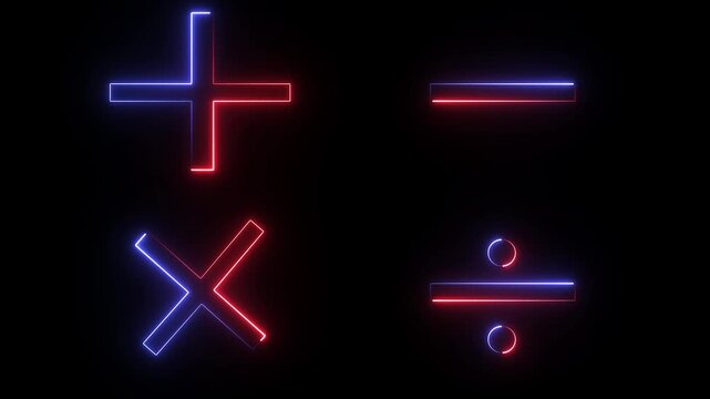 Neon glowing math symbols with blue and red light effects animation isolated on black background for educational and digital graphic design art projects.