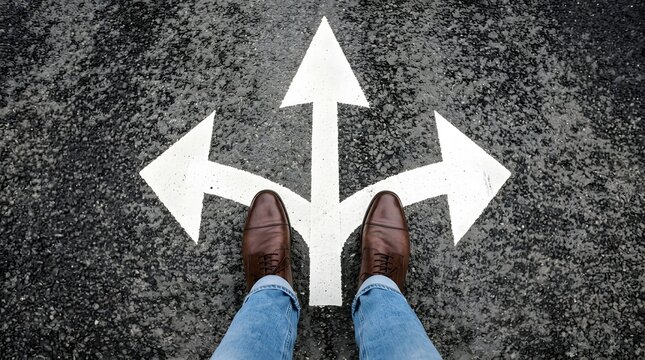 Person standing on asphalt road at a three way intersection with white arrows pointing in different directions