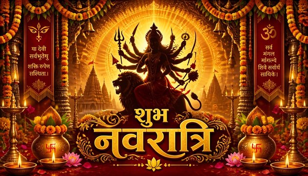 Shubh Navratri goddess silhouette with temple arch, golden glow, diyas, flowers, and festive mandala