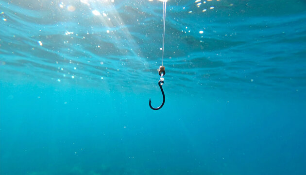 Underwater of metal fishing hook hanging from transparent fishing line, pristine clear seawater, soft blue gradients, natural sunlight reflections. Close-up.