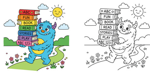 Cute monster holding stack of books vector illustration and coloring page outline for kids educational activity book worksheet template