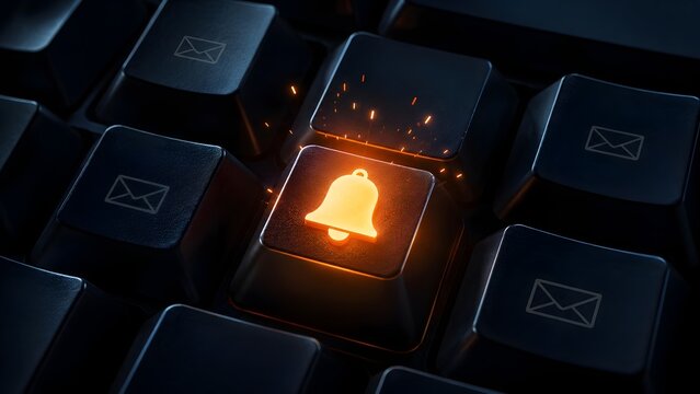 Glowing orange notification bell button on a dark computer keyboard, symbolizing urgent digital alerts, new email messages, and online communication