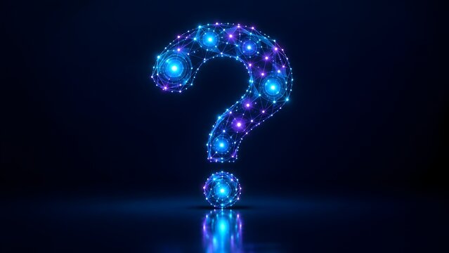 Glowing neon blue and purple question mark made of network connections, representing digital problem solving, technology FAQ, and cyber inquiries
