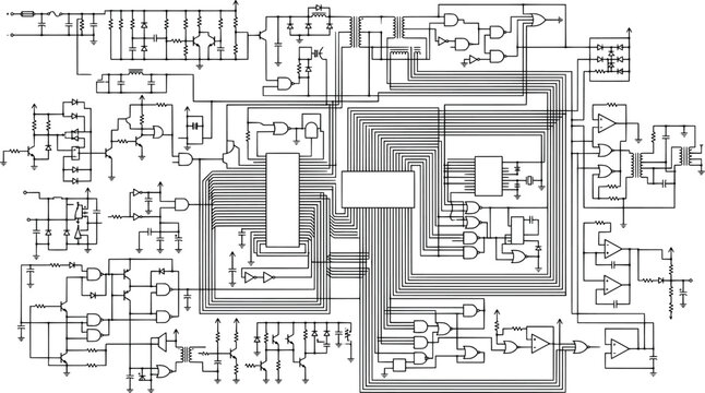 Electronic circuit schematic diagram with various components and connections