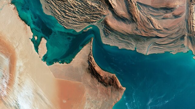 Satellite view showing a waterway between land and mountains in a coastal area