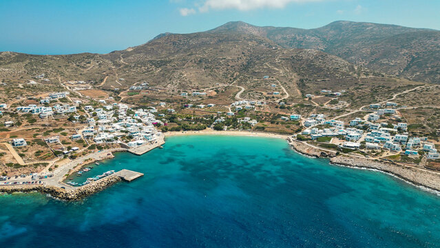 Aerial panoramic view of Stavros Port and beach on Donousa island.