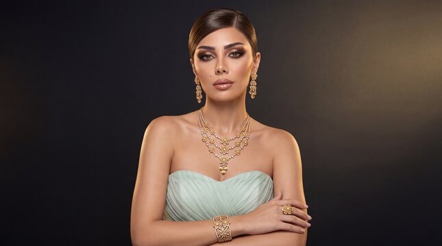 Elegant Middle Eastern woman wearing luxury yellow diamond floral jewelry set posing in mint green strapless bustier dress
