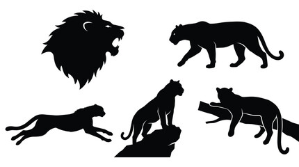 Set of black silhouettes of wild big cats including a roaring lion, a walking panther, a running cheetah and a jaguar on a branch © rina