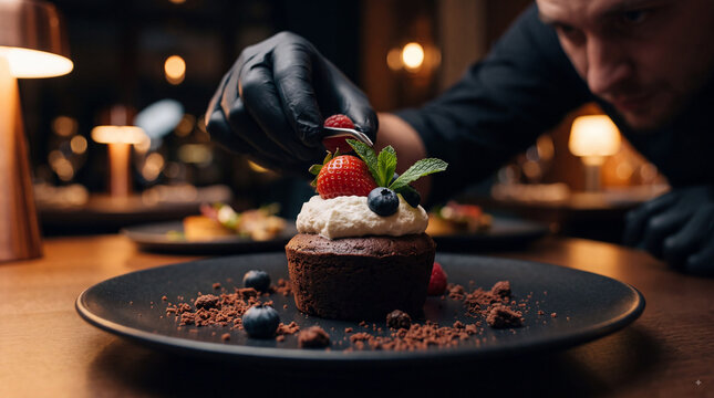 Professional pastry chef in black gloves decorating a chocolate lava cake with fresh strawberries and blueberries
