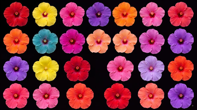 Collection of colorful hibiscus flower heads arranged in a vibrant multicolored pattern on a black background