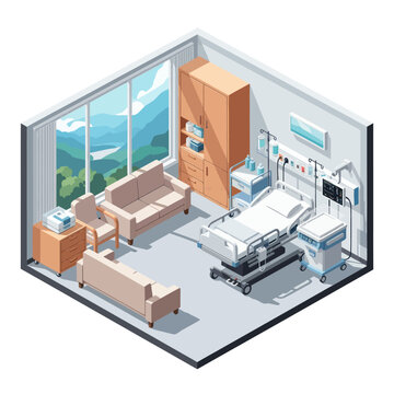 Modern hospital room with large window and medical equipment.