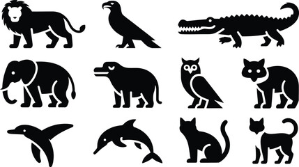 Obraz premium Animal silhouette icon set illustration, lion eagle crocodile elephant hippo owl bear penguin dolphin cat monkey