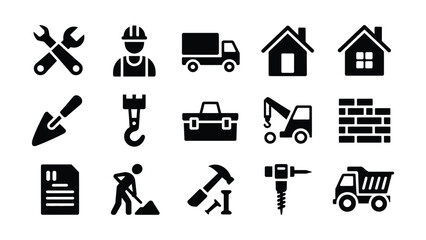 Construction tools icons set including wrench hammer worker truck house crane shovel document drill and more for building projects © Nishat'S Gallery 