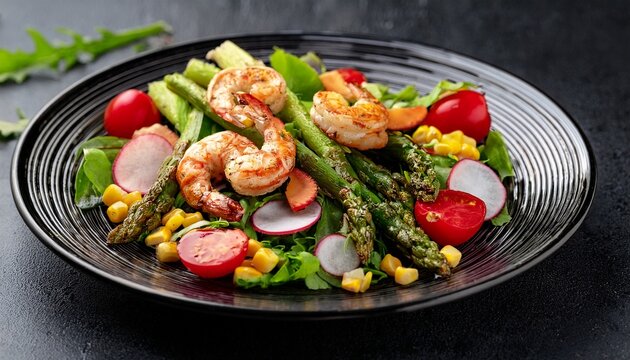 a vibrant plate of fresh salad featuring asparagus cherry tomatoes corn radishes and grilled shrimp on a dark dish