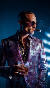 Man in shiny purple plaid suit smoking cigar and holding glass of whiskey. Neon blue lighting in dark studio setting. Concept of luxury, nightlife, mafia, high fashion.