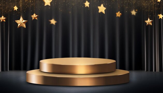 graduation class background award party banner with copy space empty stage with black curtain and falling gold stars product presentation product display podium or platform