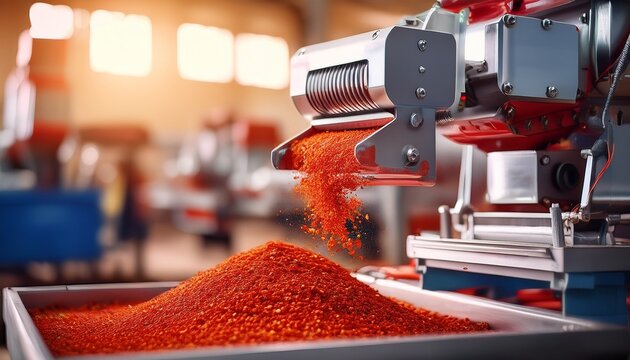 modern chili processing machine grinding and packaging powder on blurred background