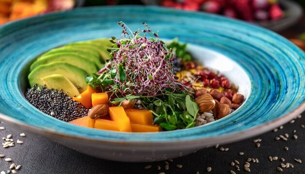 a close up view of a fresh healthy superfood breakfast dish beautifully garnished with vibrant herbs and seeds