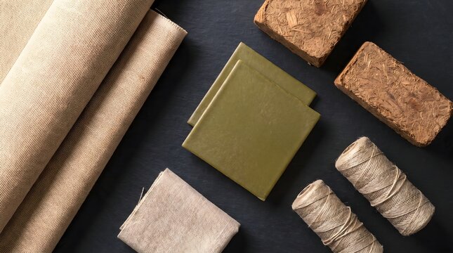 Eco friendly sustainable textile materials cork blocks and jute twine spools on black background
