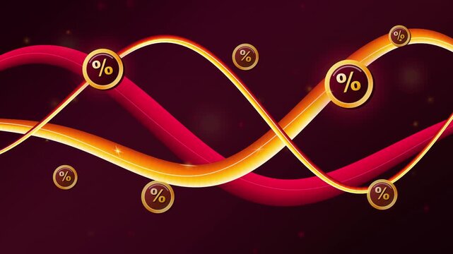 Glowing percent sign symbols moving along curved ribbon lines background motion