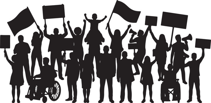 Silhouette group of protesting people holding signs and flags with protest sign