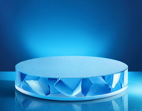 ice cube crystal surface dais empty podium product display stage pedestal platform mockup on blue background banner for cold frozen cool fresh food or drink beverage exposition presentation