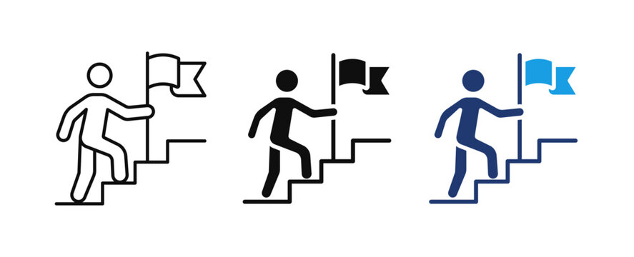 Achievement Goal Success Line Icons Set, Business Target, Career Growth, Milestone, Flag, Stairs, Progress, Outline, Glyph and Color Vector Collection
