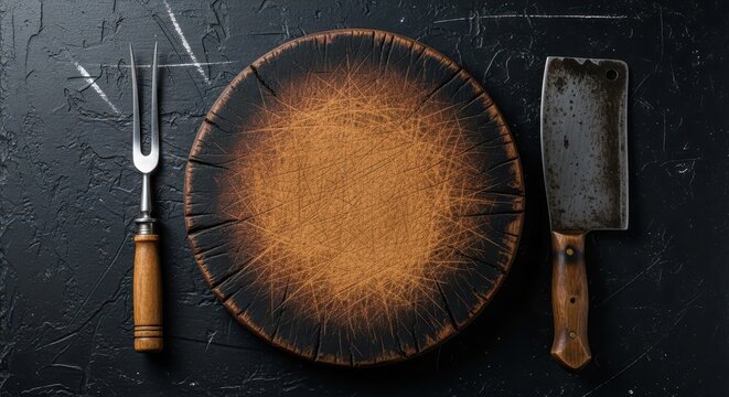 Rustic Round Wooden Cutting Board with Meat Cleaver and Fork on Dark Textured Background for Food Photography