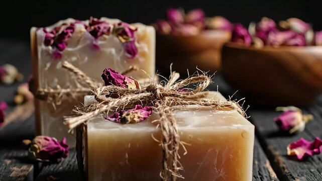 Handmade organic soap bars tied with twine and decorated with dried rose petals on dark rustic wooden table. Concept of aromatherapy, natural skincare, spa wellness.