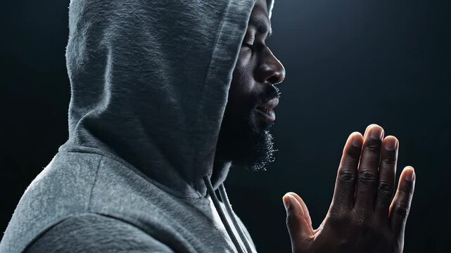 African American man praying with closed eyes and hands raised. Profile view in dark studio setting with dramatic lighting. Concept of spirituality, faith, mental health, meditation.