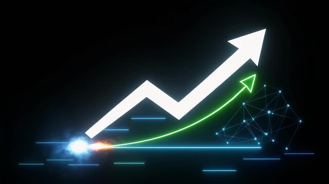 Upward trending financial graph with glowing arrows and digital data streams during a dynamic growth phase