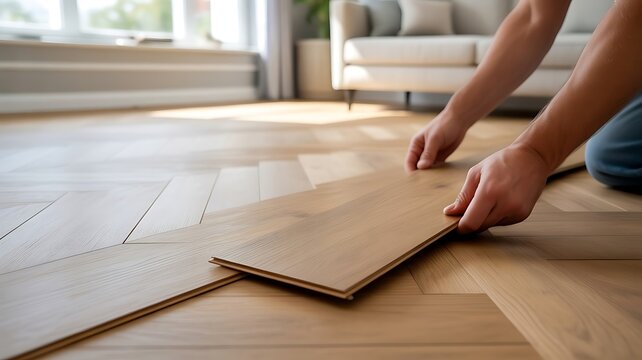 A man installing new wooden laminate flooring in a modern living room, placing a plank into the herringbone pattern for a home renovation project