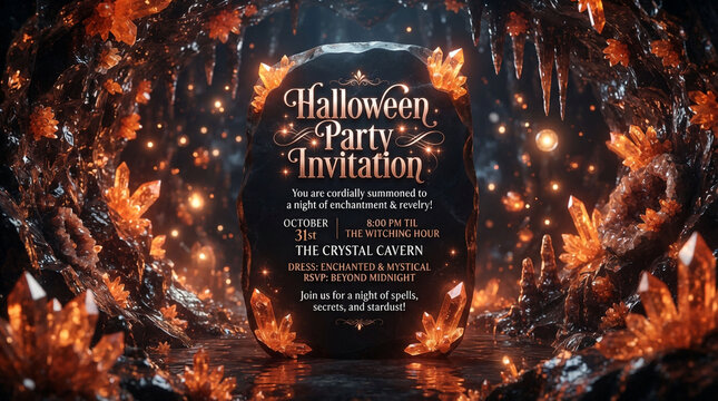 Halloween Party Invitation, mystical crystal cavern setting, enchanted theme, vibrant orange and black colors, ideal for event promotion
