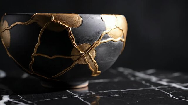 Close up of a black ceramic bowl with gold kintsugi repairs resting on a black marble surface. Dark background with soft lighting. Concept of wabi sabi, art gallery, luxury home decor.