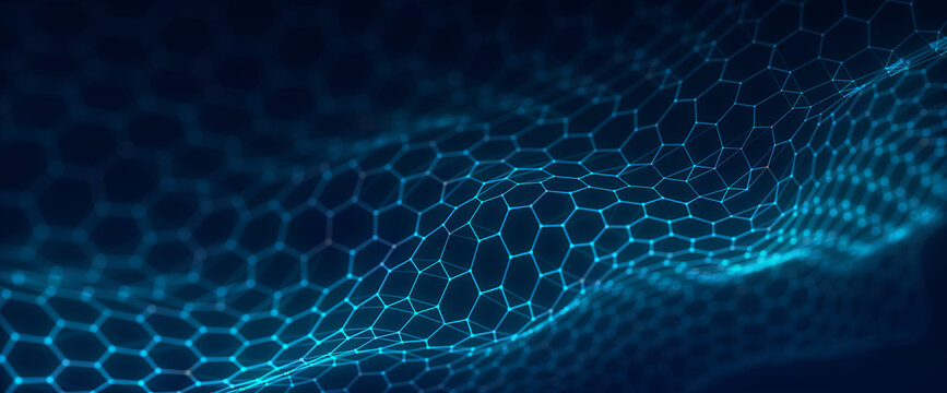 Blue hexagon grid surface on a dark background with glowing edges, soft focus and copy space. Abstract technology background for digital data, cyber interface and network structure design.