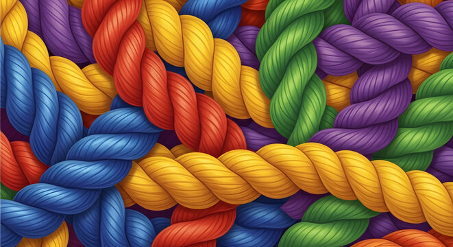 Colorful braided ropes, a vibrant and textured close-up of intertwined threads in a rainbow of hues, creating a visually striking abstract pattern