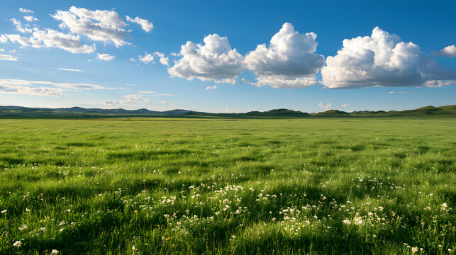 Vibrant green meadow filled with delicate spring wildflowers under a bright blue sky with fluffy white clouds and rolling hills in the distant, peaceful horizon