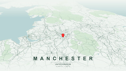 Minimalist vector map of Manchester, Greater Manchester, England. High-quality scalable illustration of Manchester geographic boundaries along River Irwell, Rochdale Canal contours for posters design. © AliRza