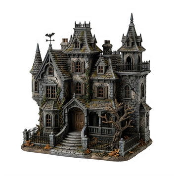 Haunted miniature house model featuring a Gothic architectural style with multiple turrets, weathered stone textures, intricate details, and a barren tree, isolated on a white background.