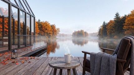Obraz premium Scenic lakeside view with wooden deck, steaming coffee cup, and autumn foliage reflecting in calm water at sunrise