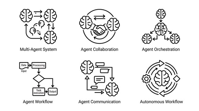 AI Multi-Agent Systems and Autonomous Workflow Line Icons Set
